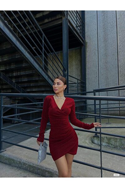 Modafeminen V Yaka Drapeli Mini Flowers Kumaş Elbise Uzun Koll 583063 Kirmizi