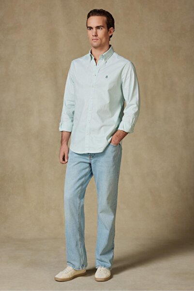 Abbate Luca Oxford Stretch Cotton Blend Comfort Fit Green Button down Collar Men's Striped Shirt