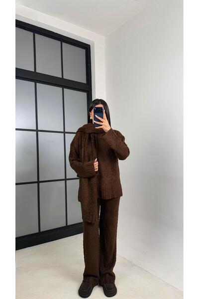 Gaus سترة بتفاصيل وشاح بني وبنطلون مطاطي الخصر طقم تريكو ناعم الملمس مكون من 3 قطع GAUS-00654