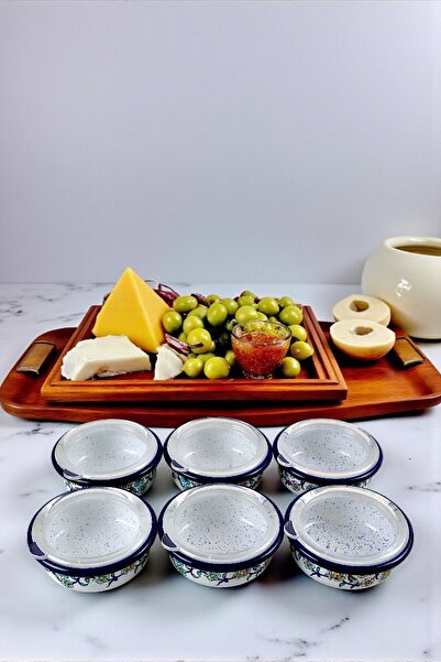 İnci Emaye 6 Parça Orta Boy,kapaklı,Desenli Emaye Kahvaltı Seti,Sunum,Kahvaltı Tabağı, Reçellik,Zeytin