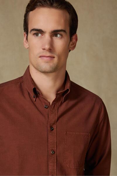 Abbate Federico Woven Lyocell Comfort Fit Brown Button down Collar Men's Plain Shirt