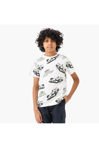 Juniors Car Print T-shirt with Crew Neck and Short Sleeves