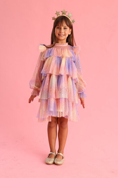 Le Mabelle Sarı Varak Yıldız Baskılı Katlı Kız Çocuk Elbise - Chloe