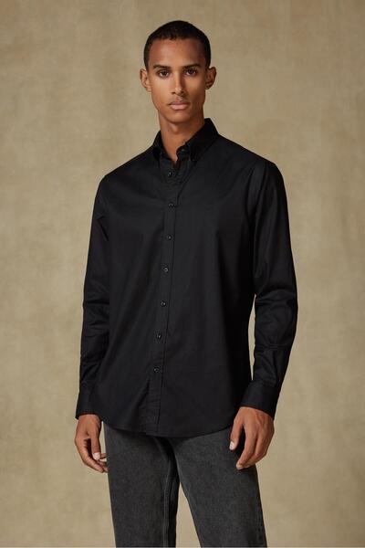 Abbate Luca Oxford Stretch Cotton Blend Comfort Fit Black Button down Collar Men's Plain Shirt