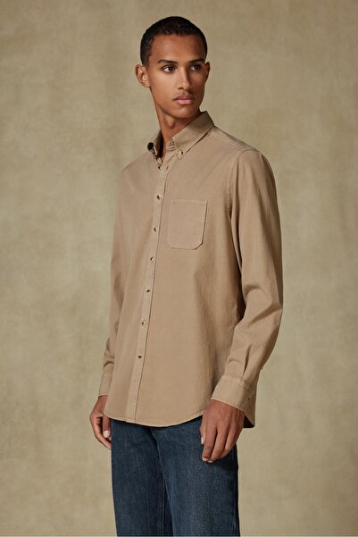 Abbate Federico Woven Lyocell Comfort Fit Beige Button down Collar Men's Plain Shirt