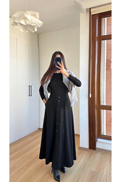 Gaus Siyah Düğmeli Kumaş Etek GAUS-00616