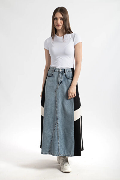 Hatun Atila Модальна спідниця з джинсової тканини з клаптями 7938 - Екрю