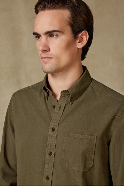 Abbate Federico Woven Lyocell Comfort Fit Khaki Button down Collar Men's Plain Shirt