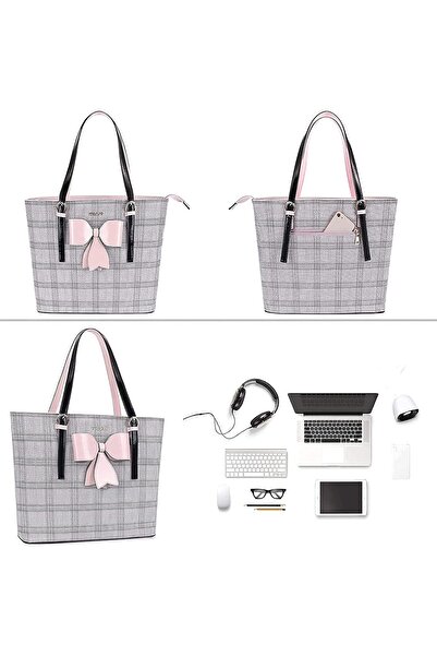 Mosiso Laptop Tote Bag PU Leather Large Capacity Work Bag Travel Shoulder Bag with Grid MO-GID002LTB