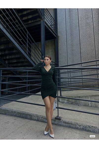 Modafeminen V-Neck Draped Mini Flowers Fabric Dress Long Sleeve 583063 Emerald