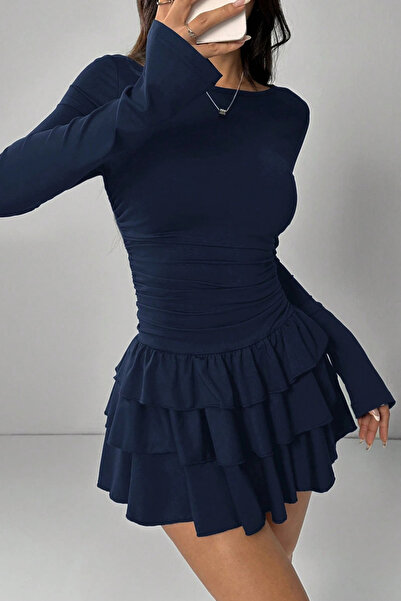 MODAMİNEM Жіноче міні-плаття з довгими рукавами та рюшами