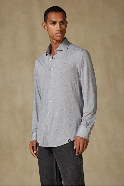 Abbate Lorenzo Jersey Viscose Blended Comfort Fit Gray Classic Collar Men's Plain Shirt