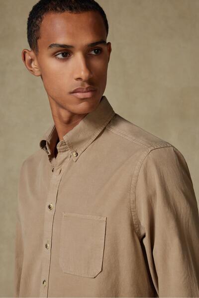 Abbate Federico Woven Lyocell Comfort Fit Beige Button down Collar Men's Plain Shirt