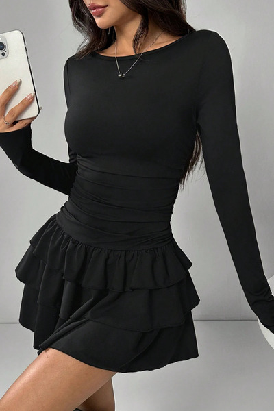 MODAMİNEM Γυναικείο Μίνι Φόρεμα με Λεπτομέρεια Μακρυμάνικο με βολάν