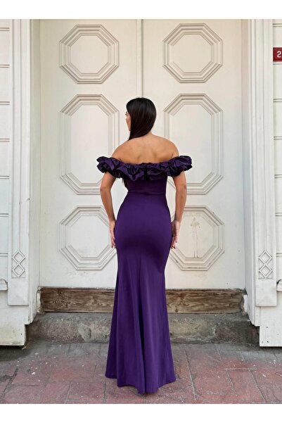 Modafeminen Flexible Shiny Satin Collar Pleat Detail Slit Evening Dress 583362 Purple