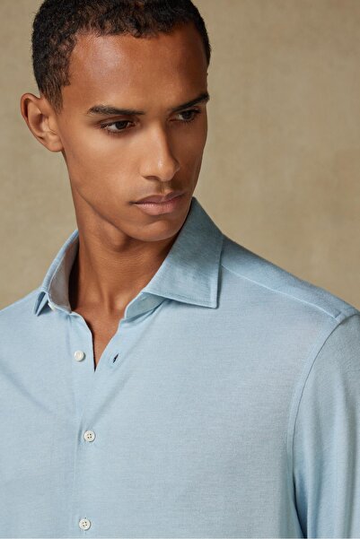 Abbate Lorenzo Jersey Viscose Blended Comfort Fit Blue Classic Collar Men's Plain Shirt