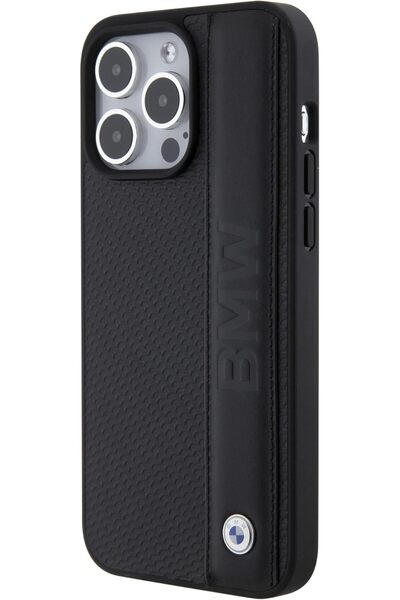 CG Mobile BMW Leather Case with Badge Texture & Stripe Pattern for iPhone 15 Pro Max - Black