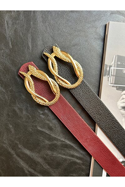 LİA KEMER Pachet de 2 curele cu cataramă cu model de șarpe auriu, centură pen...