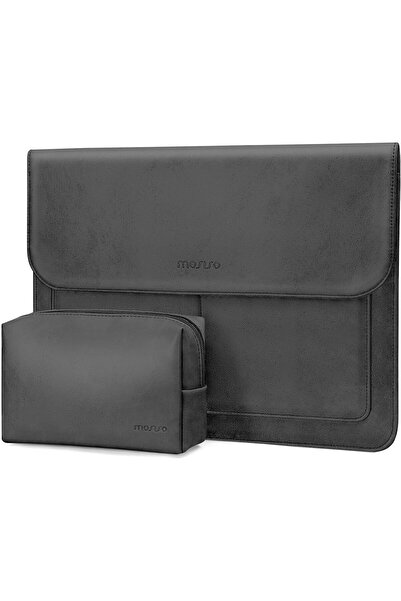 Mosiso 13-inch Laptop Sleeve PU Leather Flap with Stand & Small Pouch - Slate Gray