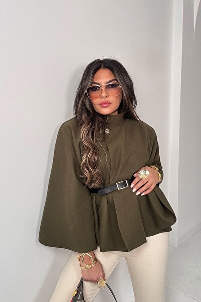 Sohotique By P Kaşe Fabric Belted Poncho Khaki