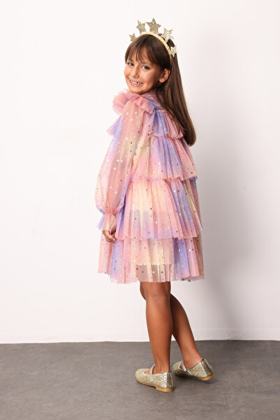 Le Mabelle Sarı Varak Yıldız Baskılı Katlı Kız Çocuk Elbise - Chloe