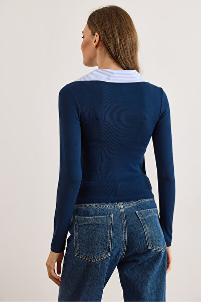 Olalook Women's Navy Blue Striped Shirt Collar Soft Textured Blouse Blz-19003127