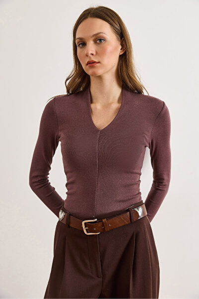 Olalook Women's Brown Combed Modal Deep V Neck Stretchy Blouse Blz-19003136