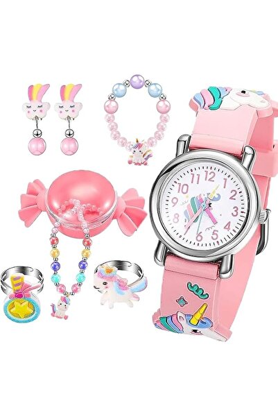 fulina Kids Watches with Unicorn Jewelry Set,3D Cartoon Waterproof with Pink Unicorn Necklace Bracelet