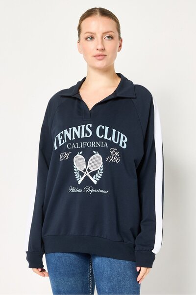 DeFacto Women Spread Collar Long Sleeve Graphic Print Sweatshirt, Navy