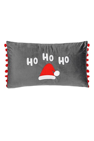 OEM Christmas Decorative Pillow, Anthracite, Embroidered Santa Hat, Red Pom-poms, 50x30cm, Polyester