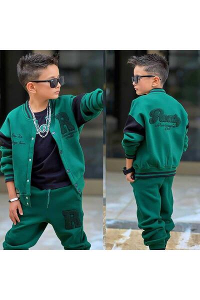 RAPAPA Boys' Green College Style 3-Piece Tracksuit Set – R Letter Embroidered Sports Combination 43131