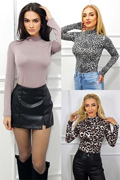 FashionForYou Promo set, with three turtleneck of Lady Liza Desert Panther, with collar and thin texture, Size S/M