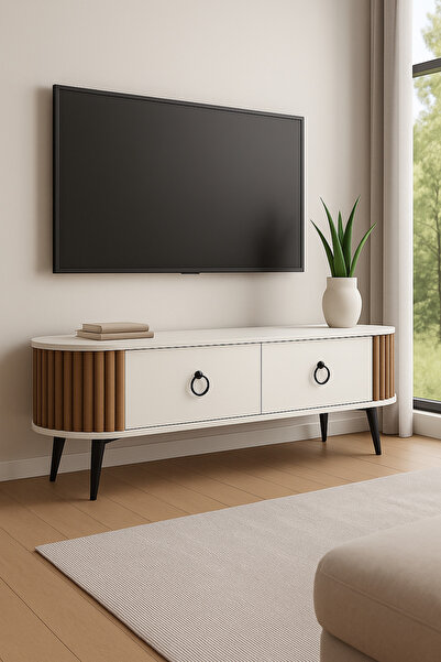 mp atelier DEKORATİF Ovalli Çıtalı 2 Kapaklı TV Ünitesi – Ceviz Detaylı, 150 ...