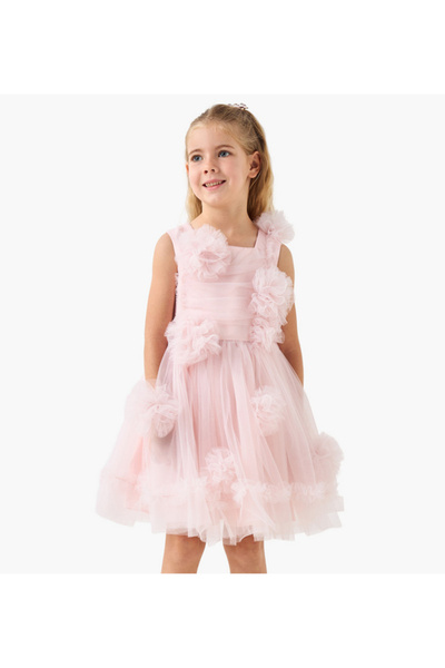Juniors Floral Applique Sleeveless Tulle Dress