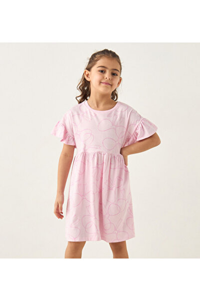 Juniors All-Over Bow Print A-line Dress with Short Sleeves