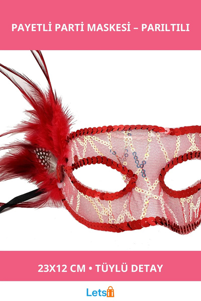Letsii Red Side Feathered Sequined Fun Party Mask