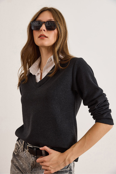 Olalook Women's Dark Anthracite Shirt Collar Detailed Thessaloniki Blouse Blz-19002777