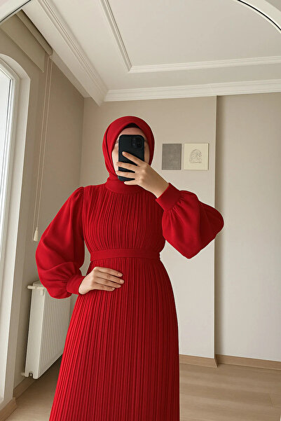 Papatya Giyim İzmit Γυναικείο Φόρεμα Χιτζάμπ Πλισέ Σιφόν Κόκκινο