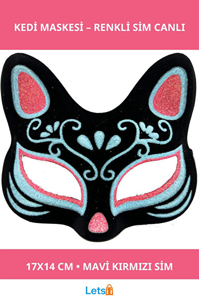 Letsii Black Suede Blue Red Glitter Cat Mask 17X14 cm