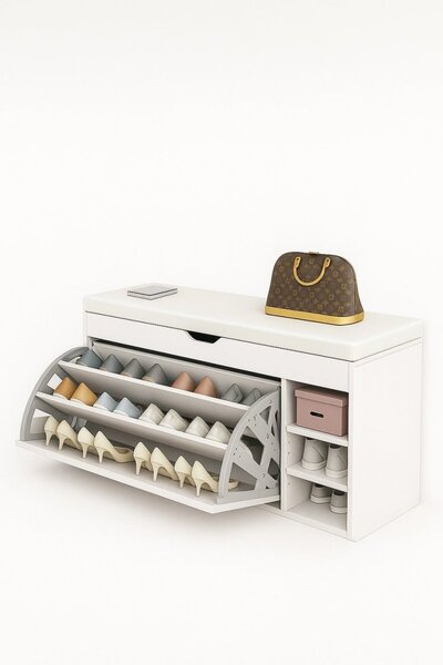 eR D L Ράφι παπουτσιών με κάθισμα και πτυσσόμενα ράφια, 100x34x55cm, λευκό,