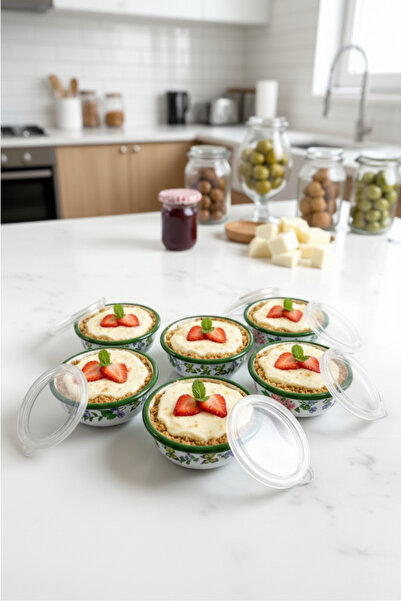 İnci Emaye 6 Piece Medium Size, with Lid, Patterned Enamel Breakfast Set, Presentation, Breakfast Plate, Jam Bowl, Olive