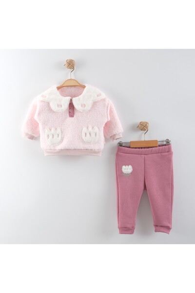 BİSCOİ Babybiscoi Peter Pan collar Piece Tulip Embroidered Buttoned Winter Baby Girl Double Set