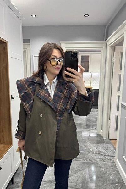 Banu Angay Revercoat Çift Taraflı Pelerinli Trenç Haki Yeşil