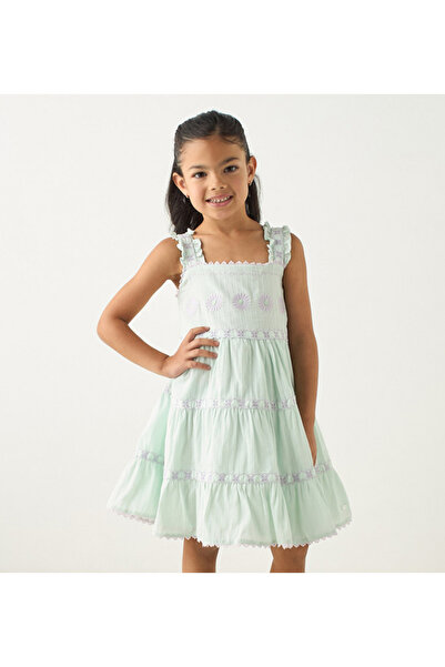 ELIGO Embroidered Sleeveless Dress with Button Closure