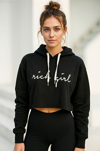 Rich Women's Printed 100% Cotton Hooded Long Sleeve Crop Sweatshirt