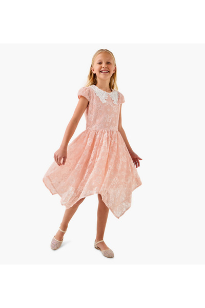 Juniors Lace Detail Asymmetric Dress with Cap Sleeves