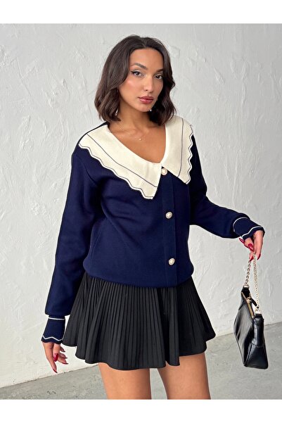 BEJNA Γυναικεία πλεκτή μπλούζα με λεπτομέρεια σε μπλε ναυτικό χρώμα