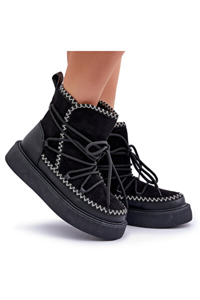 BOTO Bocanci De Zăpadă Pentru Femei Cu Broderie Pe Platformă Negri Naleris 39