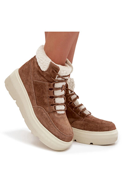 Vinceza Ghete damă din nubuc cu blană pe platformă 95354 Camel 37