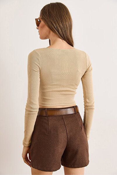 Olalook Women's Beige Lace Detailed Skirt Oval Stretchy Blouse Blz-19002872